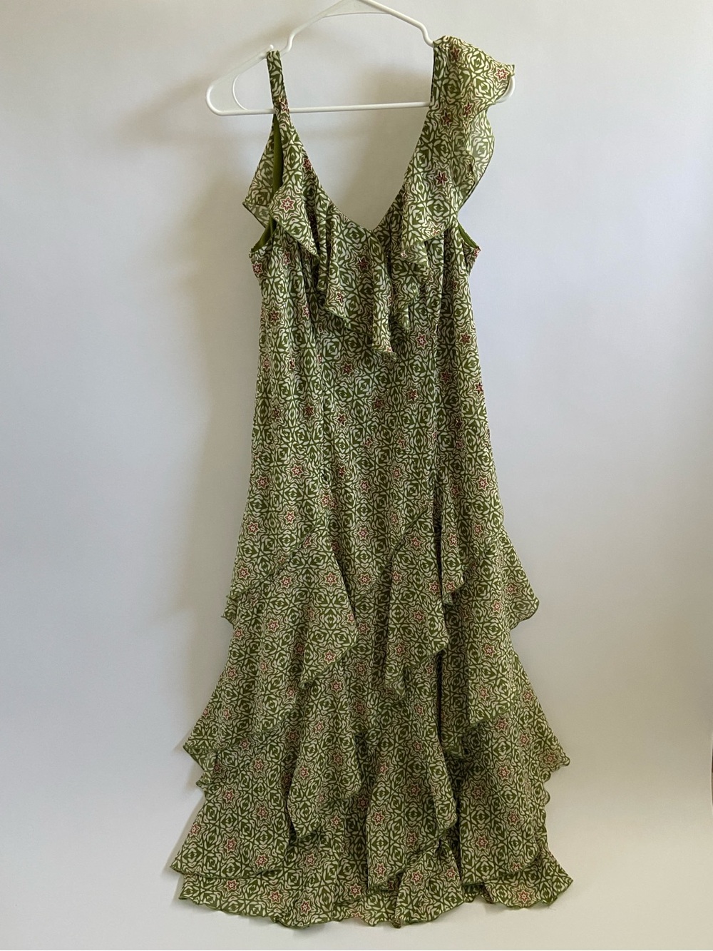 Signature by Robbie Bee Olive Green Printed and Sequin Ruffle Maxi Dress